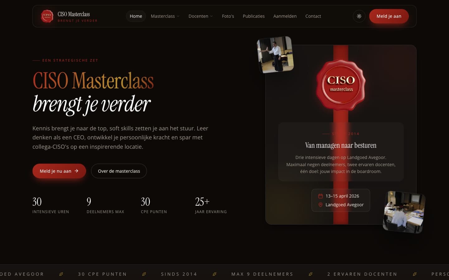 CISO Masterclass home page in dark mode